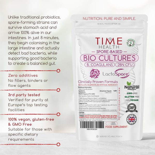 Unlike traditional probiotics, spore-forming strains can survive stomach acid and arrive 100% alive in our intestines. In just 8 minutes, they begin colonising in the large intestine and actually detect bad bacteria, while supporting good bacteria to create a balanced gut. Zero additives. No fillers, binders or flow agents. 3rd party testedVerified for purity at Europe’s top testing facilities. 100% vegan, gluten-free & GMO FreeSuitable for those with specific dietary requirements.