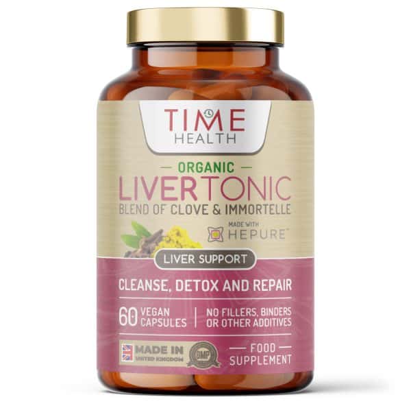 Organic liver tonic vegan organic capsules in an amber plastic bottle