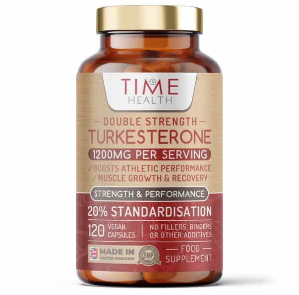 bottle of 120 turkesterone capsules for weightlifting, strength, muscle gains