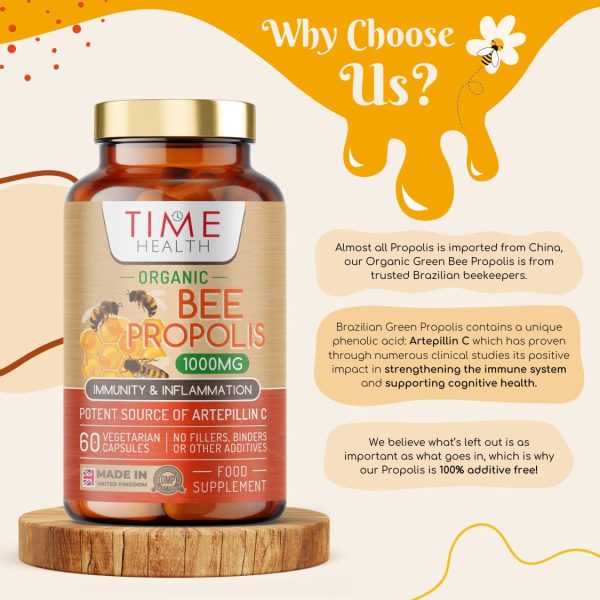 Organic Bee Propolis – High Strength 4:1 Extract – 1000mg – 2.5% Phenolic Acid / 10% Artepillin C – Immunity, Inflammation & Longevity Support – 60 Capsules